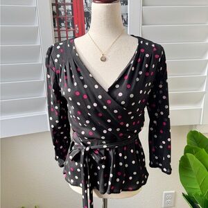 Alfani Black and Pink Polka Dot Wrap Blouse